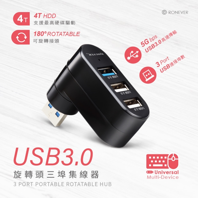 USB3.0旋轉頭三埠集線器-RONEVER 品牌生活館